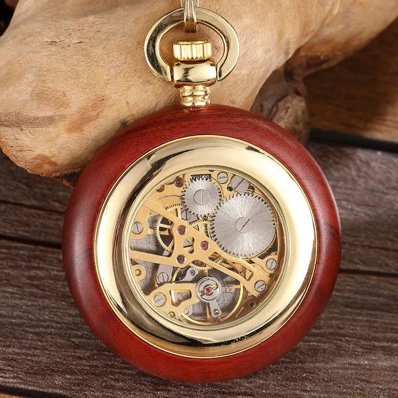 Vintage Wood Case Mechanical Pocket Watch Roman Numerals Dial Hand Wind Men Skeleton Watch With FOB Chain Pendant For Man Ladies