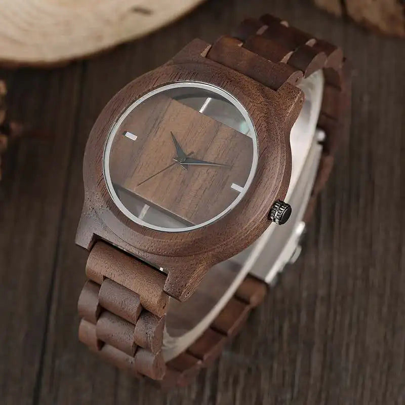 Unique Hollow Dial Men Women Natural Wood Watch with Full Wooden Bamboo Bangle Quartz Wristwatch Novel Handmade Clock Gifts Item