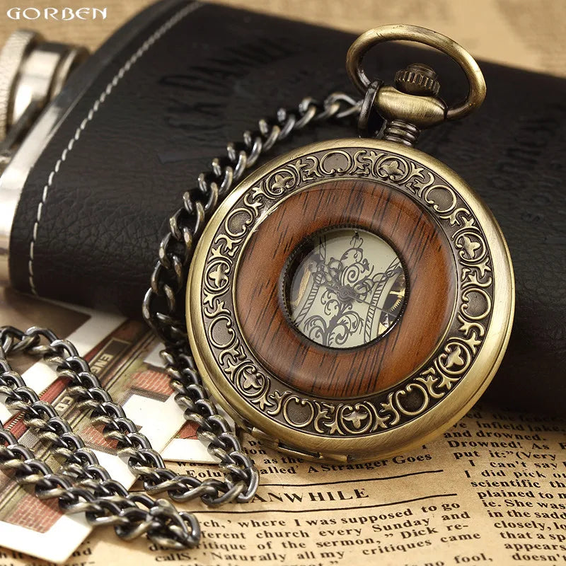 Retro Wood Circle Skeleton Pocket Watch Men Women Unisex Mechanical Hand-winding Vintage Roman Numerals Necklace Steampunk Watch