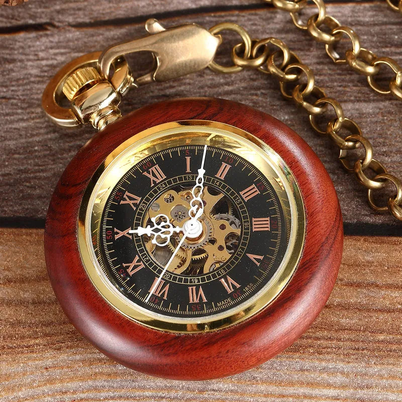 Vintage Wood Case Mechanical Pocket Watch Roman Numerals Dial Hand Wind Men Skeleton Watch With FOB Chain Pendant For Man Ladies