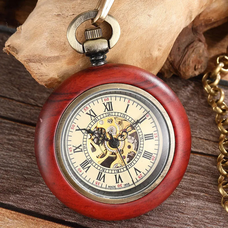 Vintage Wood Case Mechanical Pocket Watch Roman Numerals Dial Hand Wind Men Skeleton Watch With FOB Chain Pendant For Man Ladies