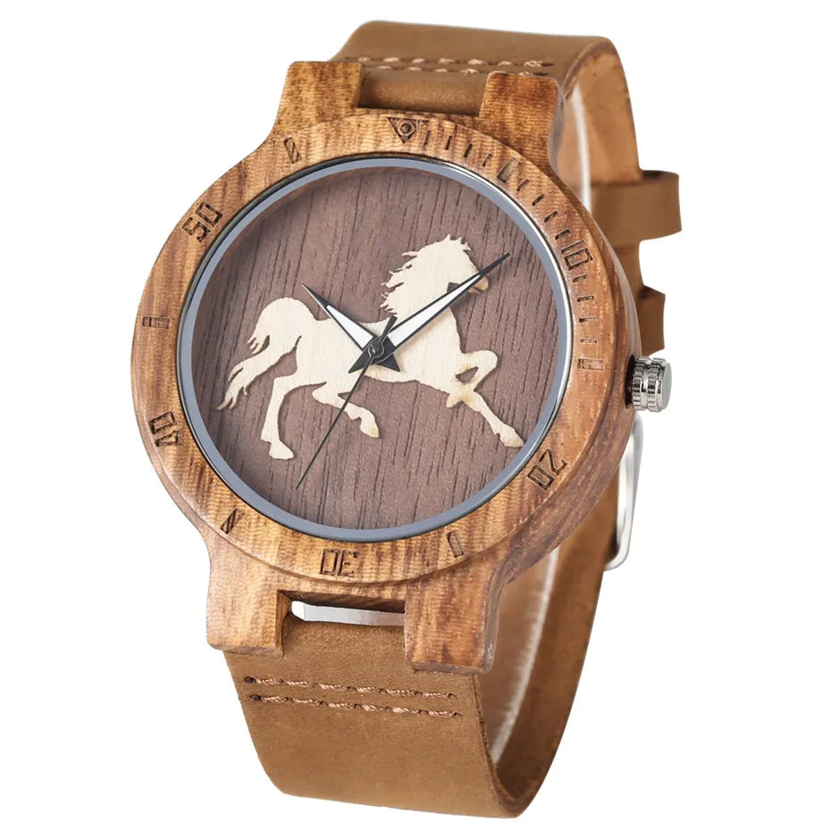 Classic Horse Display Wood Watch for Men Women Fashion Brown Genuine Leather Mens Watches Unique Wristwatch Man Clock Quartz