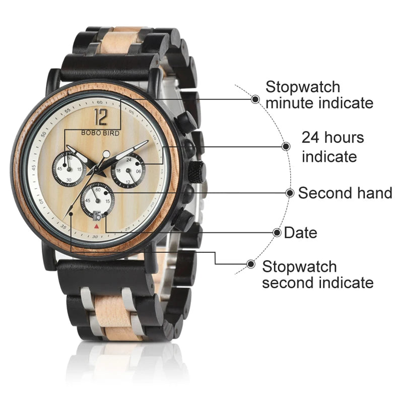 BOBO BIRD Wood Watch Men Luxury Stylish Wooden Timepieces Chronograph Quartz Watches Great Gift for Him Box erkek kol saati OEM