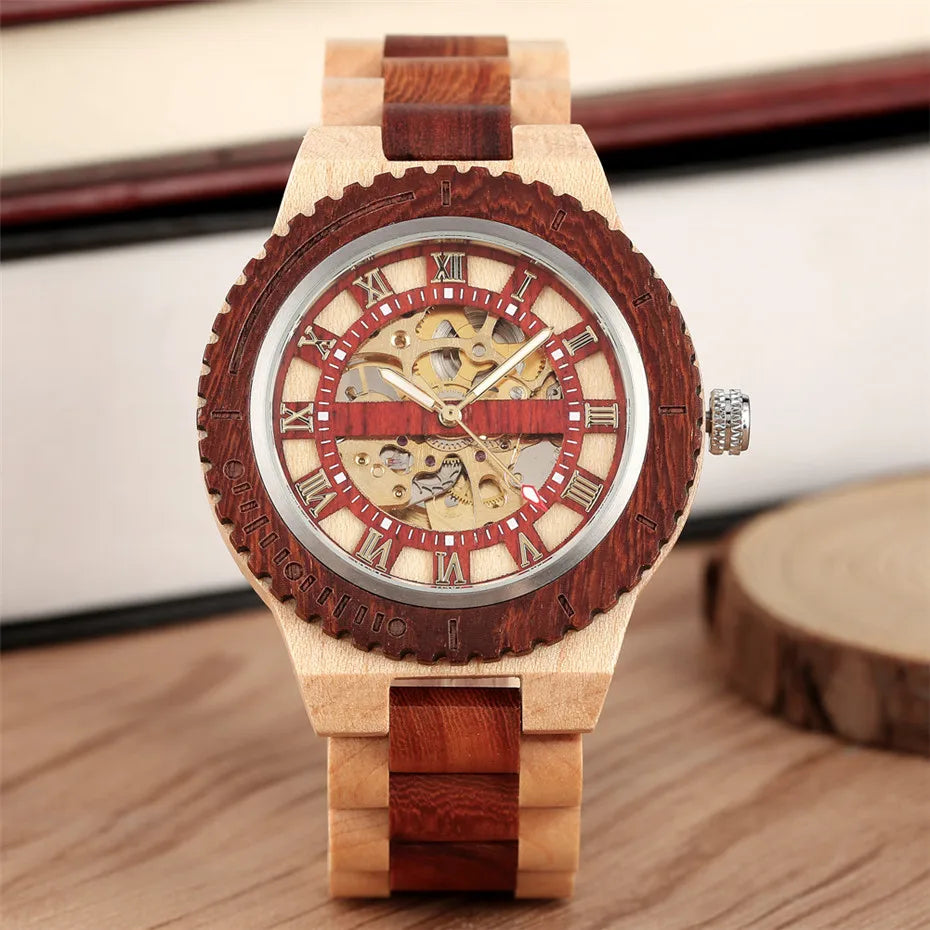 Roman Numerals Display Wooden Men Watch Automatic Mechanical Wood Bangle Wristwatch Self-Winding Luxury Male Clock New 2019