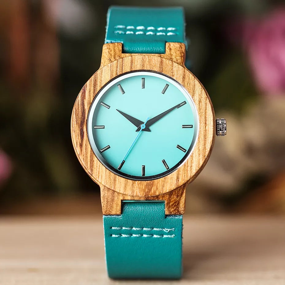 Turquoise Blue Wood Watch Fashion Women Quartz Wooden Watches Modern Bamboo Watch Lady Leather Band Clock Top Gifts Luxury reloj