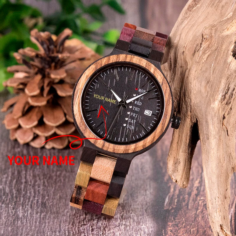 BOBO BIRD Wood Watch Men Women Quartz Week Date Display Colorful Engrave Your Name Wooden Logo Customize Valentine's Day Gift