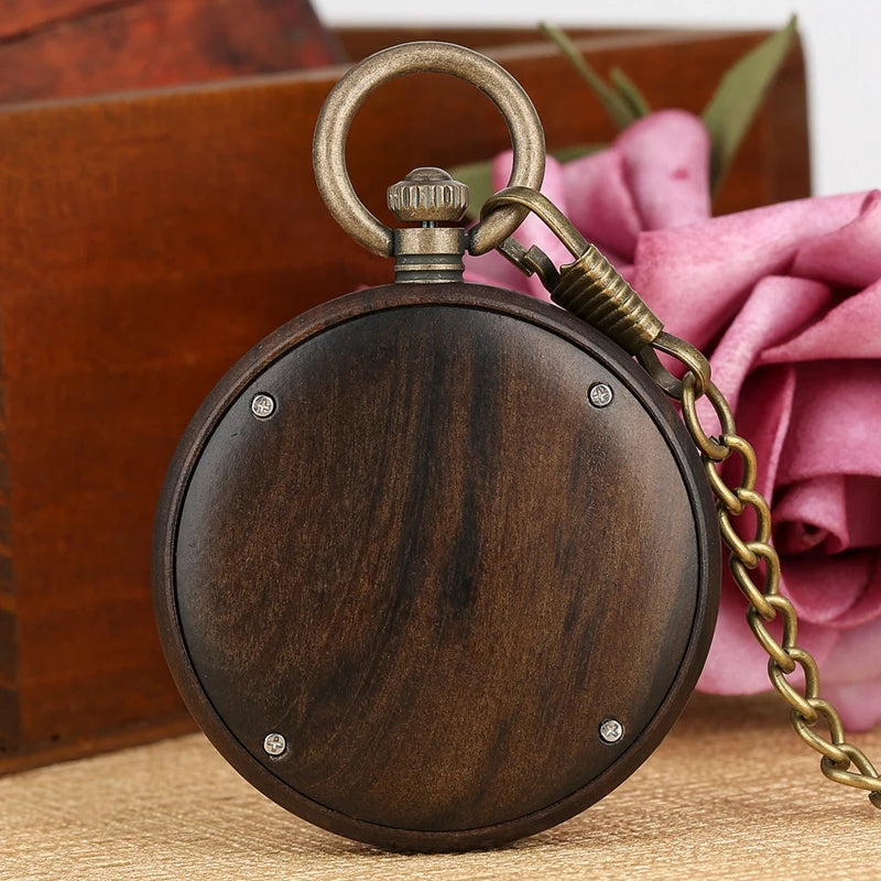 Vintage Wood Watch Quartz Pocket Watch Ebony Walnut  Wooden Chain Open Face FOB Lightweight Clock Christmas Gifts for Men Women