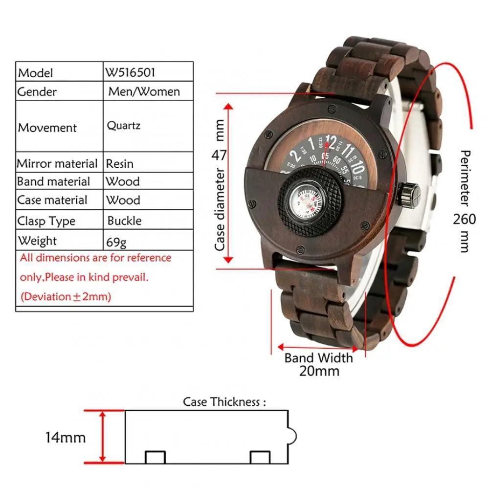 Creative Wood Watch Unique Compass Turntable Wood Watches Men's Semicircle Dial Clock Quartz Clock Retro Hour Relogio Masculino