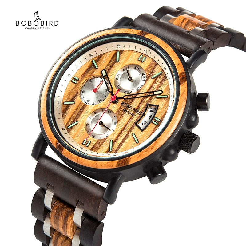 BOBOBIRD Wood Watch Men Date Display Luminous Hand Multi-function Chronograph Wristwatches reloj hombre with Wooden Box L-S18