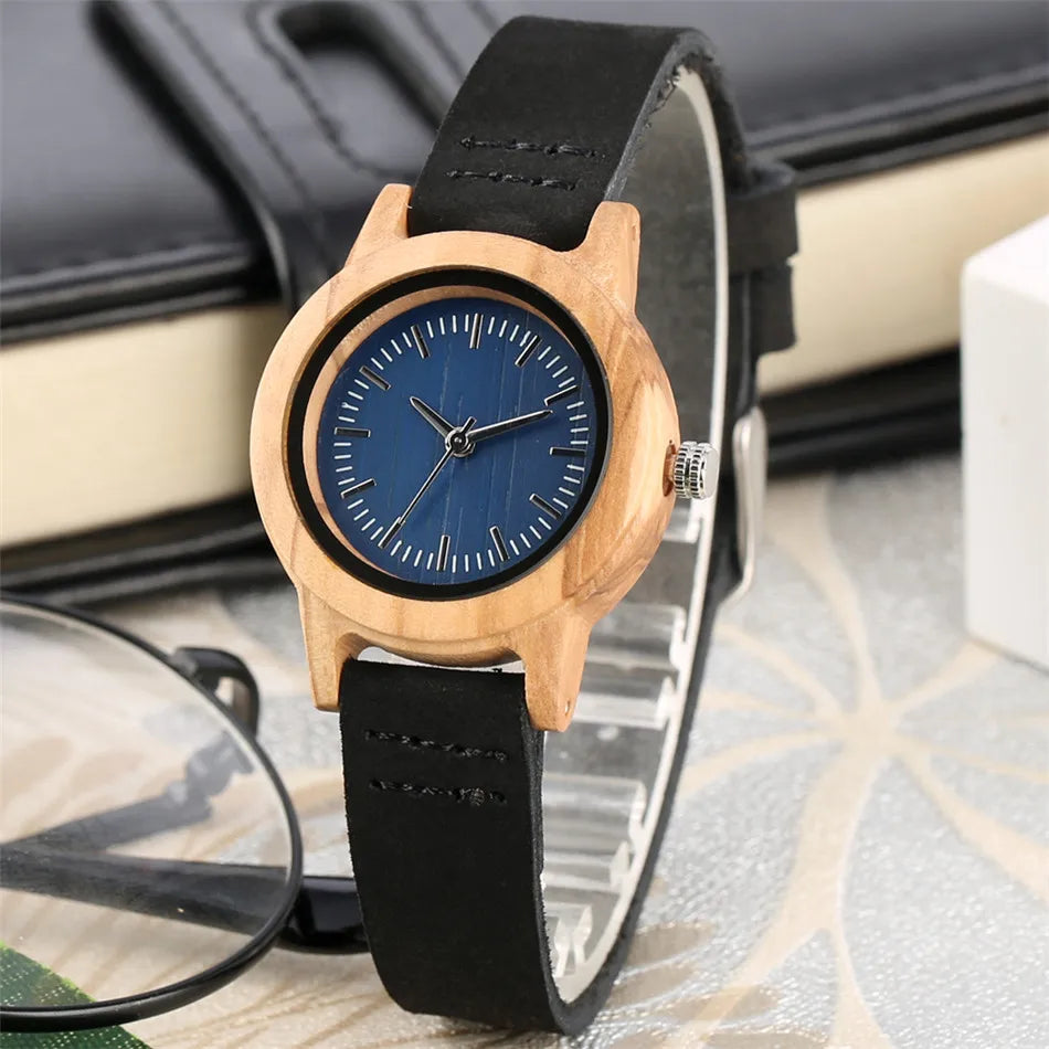 Trendy Minimalist Blue Dial Women Watches Natural Bamboo Wood Case Slim Genuine Leather Wristband Lady Wristwatch Female Watch