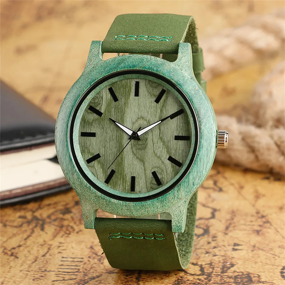 Stylish Simple Green/Red Bamboo Wood Watch Women Genuine Leather Quartz Wristwatch Simple Casual Ladies Wooden Timepiece