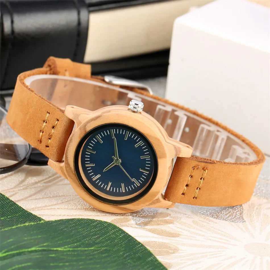 Trendy Minimalist Blue Dial Women Watches Natural Bamboo Wood Case Slim Genuine Leather Wristband Lady Wristwatch Female Watch