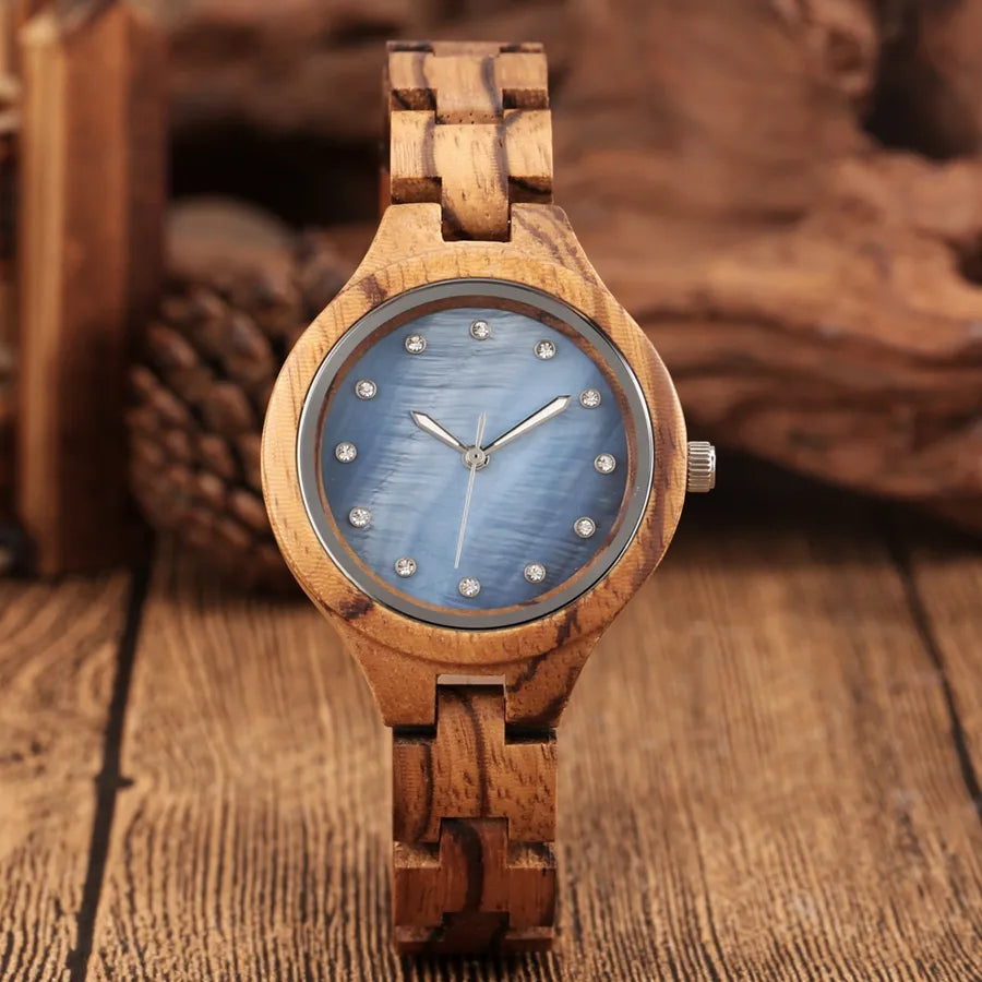 Charming Concise Blue Dial Rhinestone Quartz Wooden Watch Ladies Adjustable Wooden Band Bracelet Watch Women's Wrist Reloj Mujer