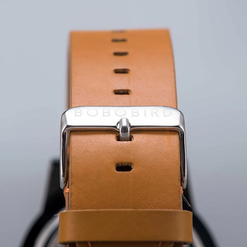 BOBOBIRD Fashion Men's Wood Watch Male Chronograph Genuine Leather Quartz Wristwatch High Quality Movement relogio masculino