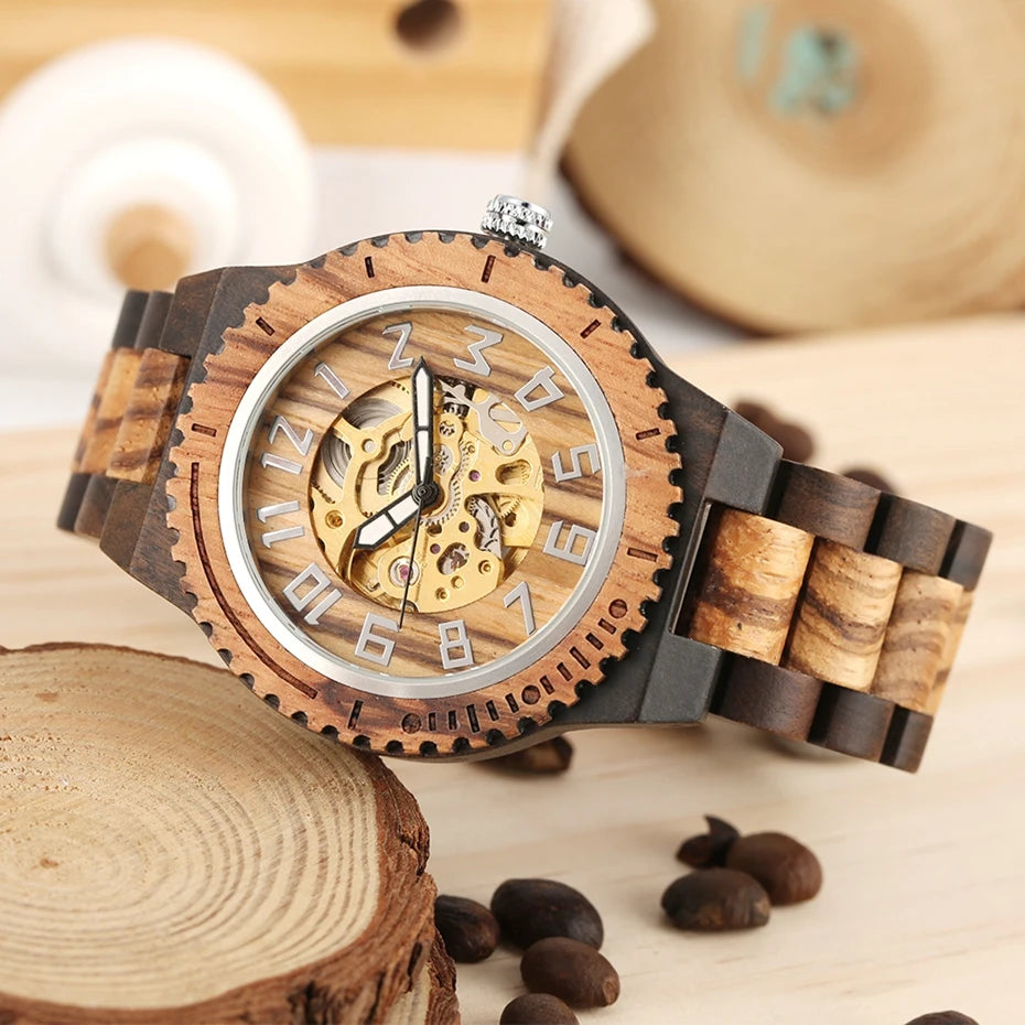 Retro Wooden Watch Mens Automatic Mechanical Watches Adjustable Wood Bracelet Self Winding Clock Hours Wristwatch Relojes Hombre