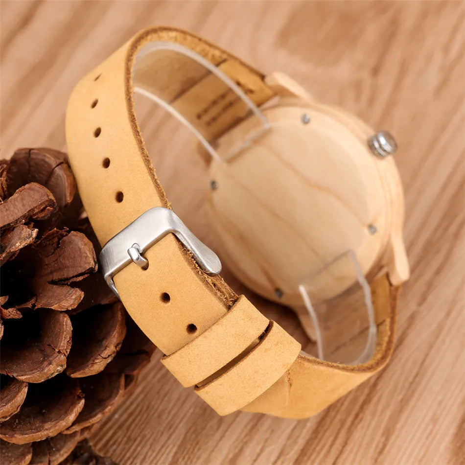 Classic Roman Numerals Display Maple Wood Women's Watches Trendy Brown Genuine Leather Wristband New Fashion Lady Wooden Watch