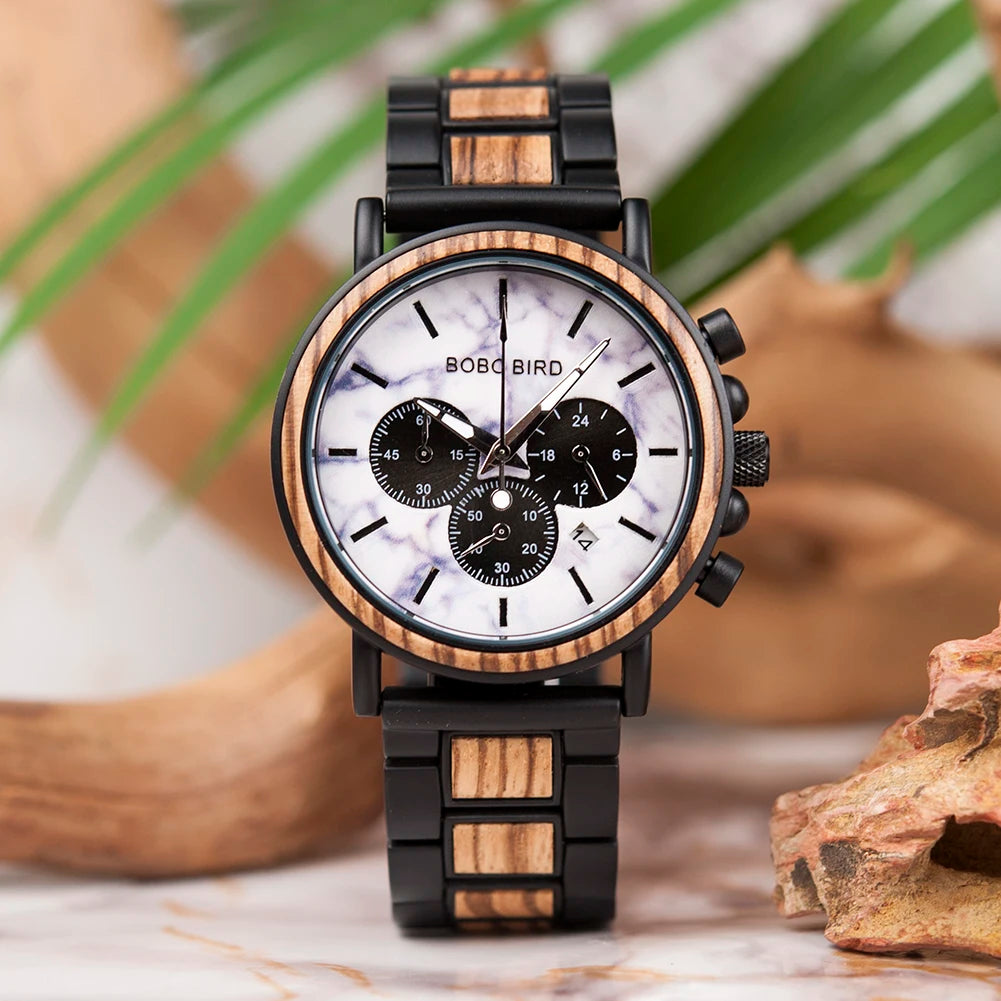 BOBO BIRD P09 Wood and Stainless Steel Watches Mens Chronograph Wristwatches Luminous Hands Stop Clock Dropshipping