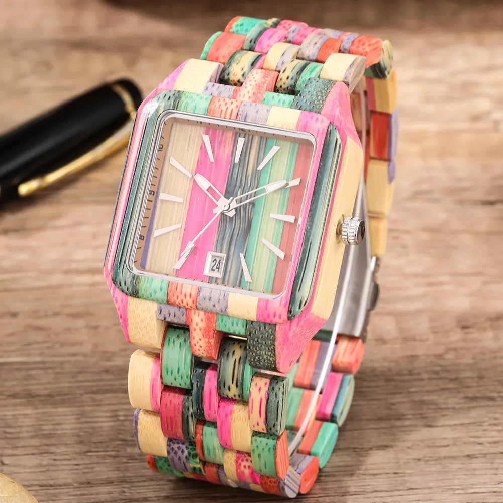 Colorful Square Full Wood Watch Quartz Men Women Watches Minimalist Dial With Calendar Watch Retro Wooden Gifts for Dad Grandpa