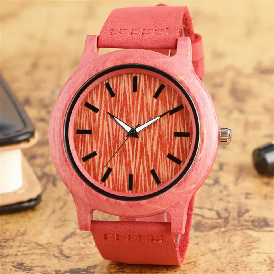 Stylish Simple Green/Red Bamboo Wood Watch Women Genuine Leather Quartz Wristwatch Simple Casual Ladies Wooden Timepiece