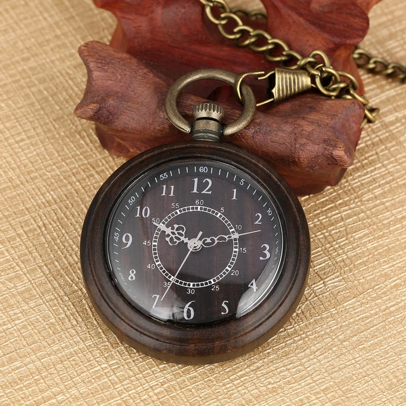 Vintage Wood Watch Quartz Pocket Watch Ebony Walnut  Wooden Chain Open Face FOB Lightweight Clock Christmas Gifts for Men Women