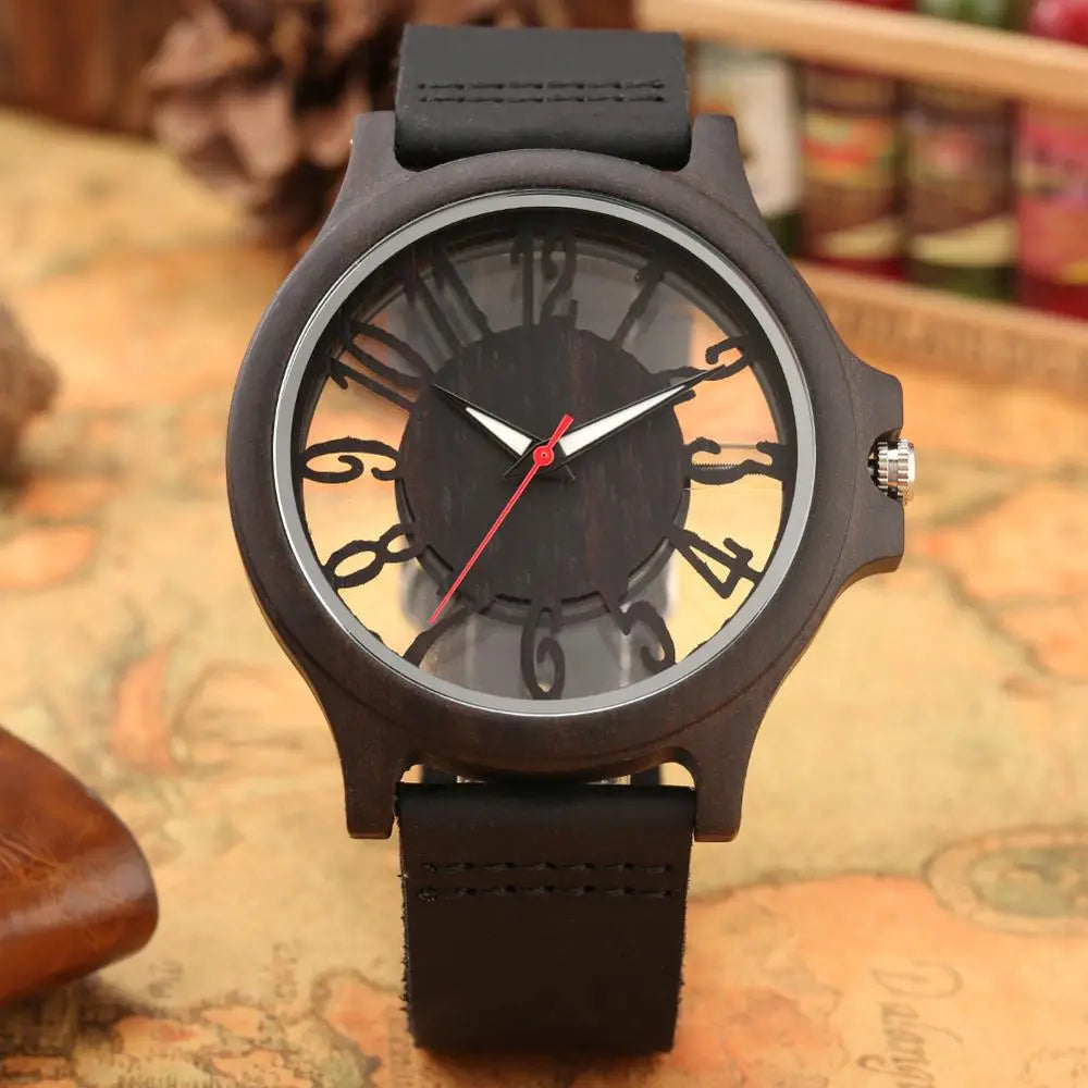 Retro Hollow Transparent Dial Wooden Watches Quartz Timepieces Clock Male Mens Watches Retro Leather Man Clock Relogio Masculino