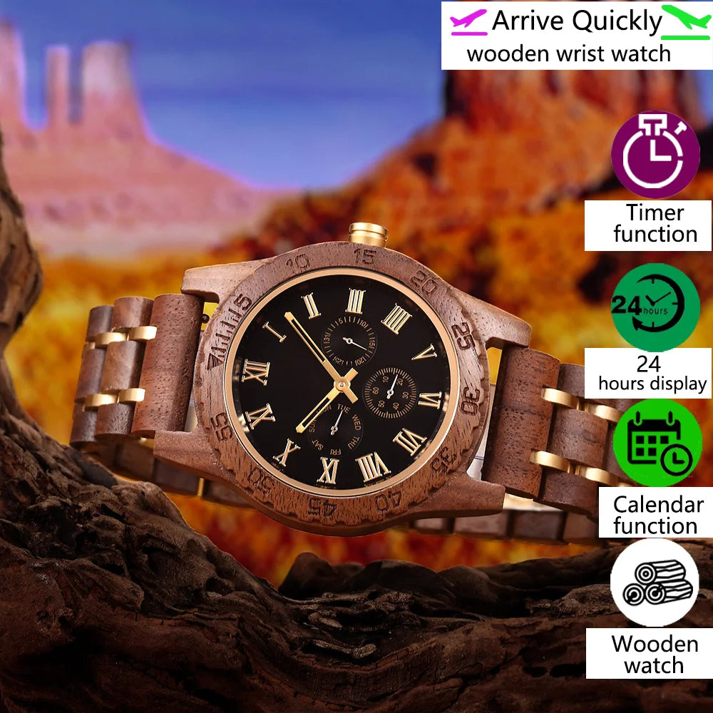 Watch Men Wrist Watch Fashion Retro Walnut Wooden Multifunctional Date Week Display Holiday Christmas Gift Quartz Wrist Watches