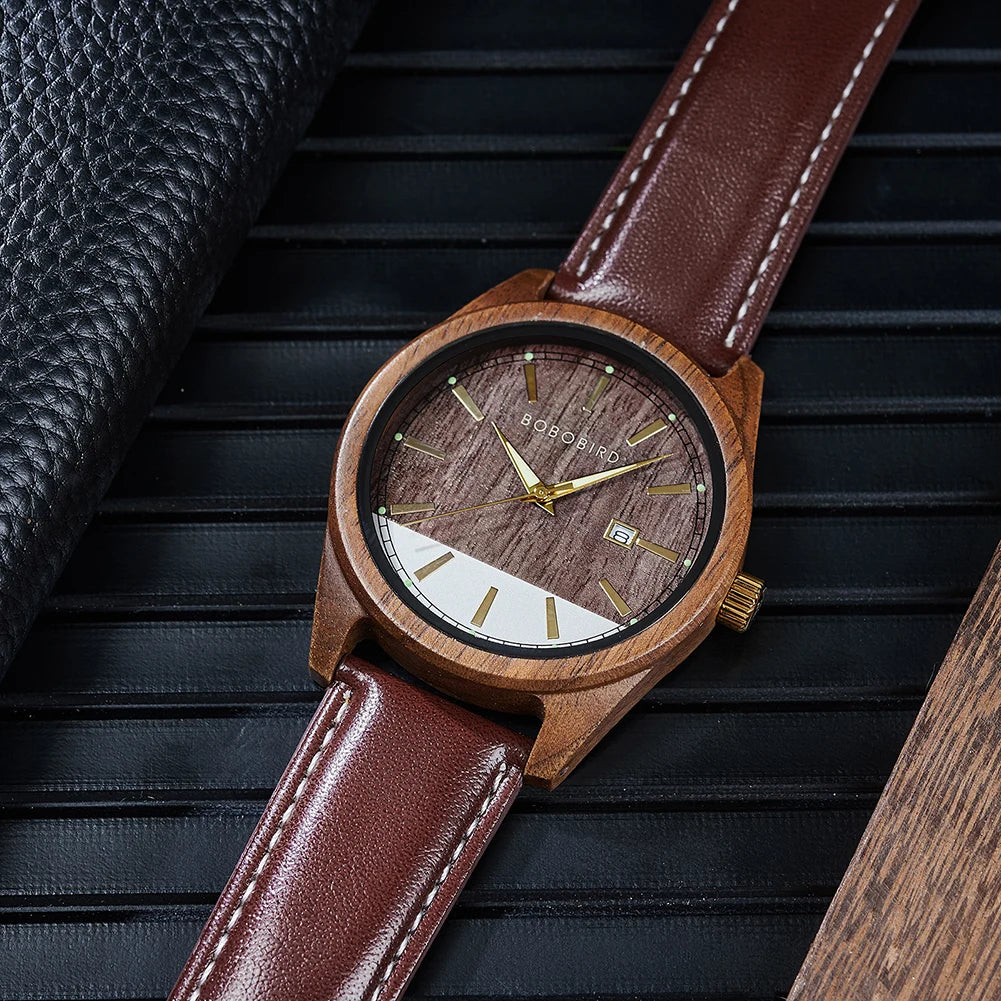 Men's Leather Wristwatch New BOBO BIRD Watch Men Wooden Watches Special Design Japanese Quartz Movement Timepieces Great Gift