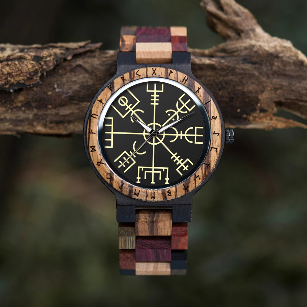 Viking Watches BOBO BIRD Wooden Men Watch Top Japanese Quartz Movement Wristwatch with Helm of Awe Runic Circle Fashion Gift Box