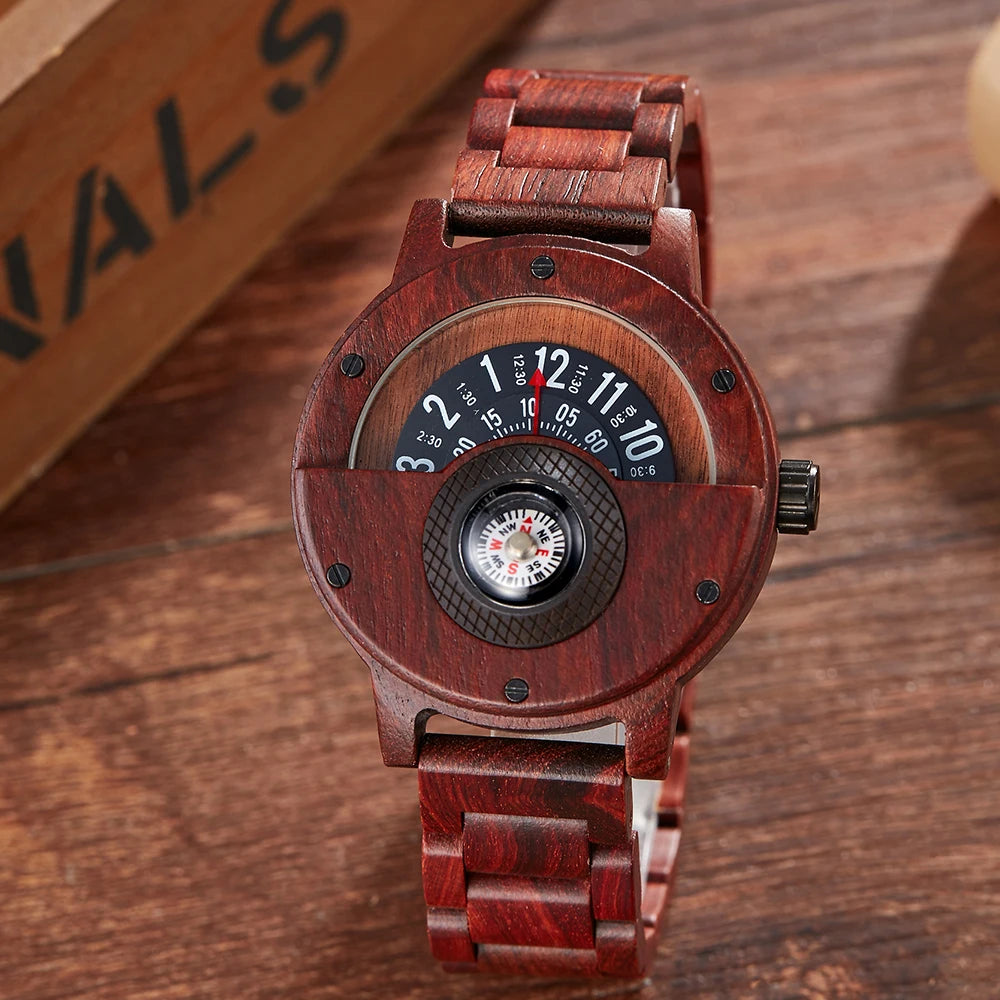 Turntable Compass Creative Wood Watch Men Dial Real Walnut Ebony Bamboo Wooden Watches Man Male Brown Black Clock Wrist Reloj