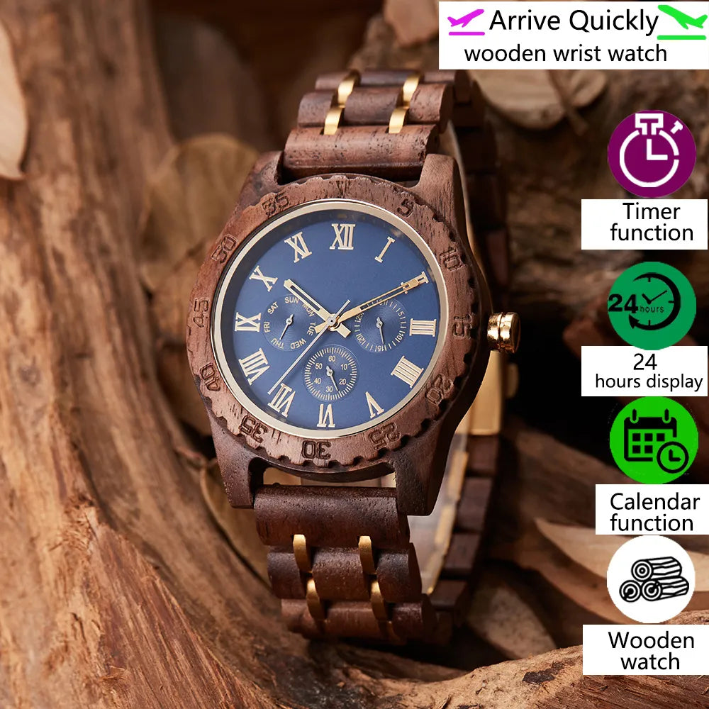 Watch Men Wrist Watch Fashion Retro Walnut Wooden Multifunctional Date Week Display Holiday Christmas Gift Quartz Wrist Watches