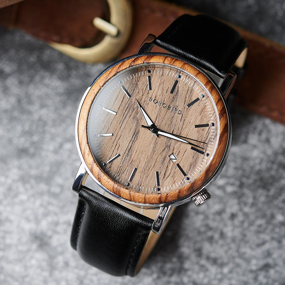 Customized  Men's Wooden Watch BOBO BIRD Zebrawood Leather Strap Quartz Wristwatch for Men Perfect Gift Idea