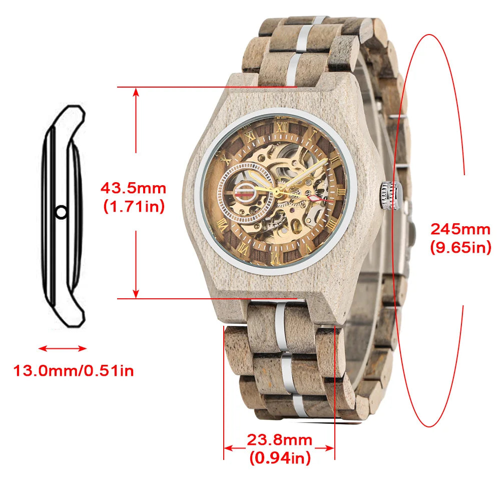 Stylish Retro Wooden Automatic Mechanical Men Watches Roman Numerals Display Stainless Steel Skeleton Self Winding Wristwatches