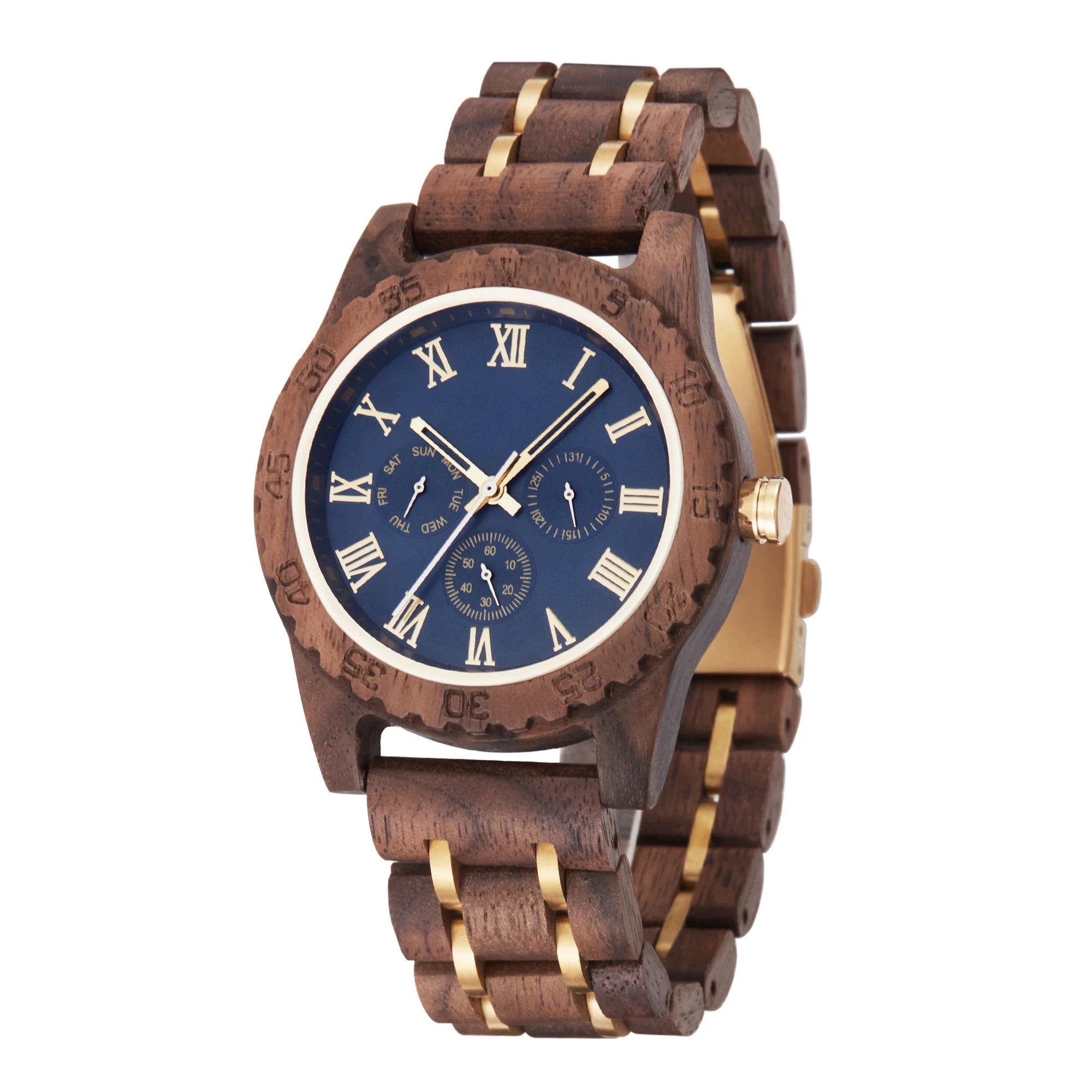 Watch Men Wrist Watch Fashion Retro Walnut Wooden Multifunctional Date Week Display Holiday Christmas Gift Quartz Wrist Watches