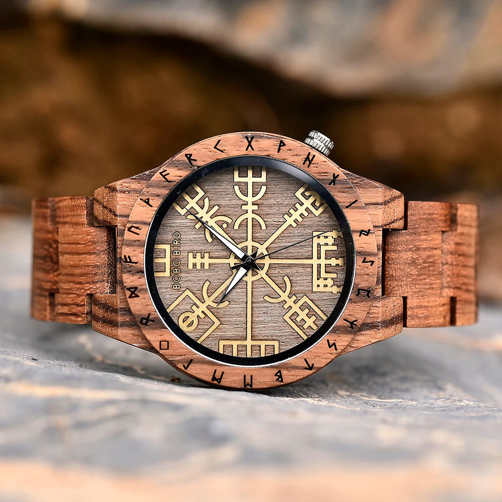 BOBO BIRD Viking Vegvisir Man's Wooden Watches Vintage Watch for Men Wood Clock Support Logo Customized, Dropshipping