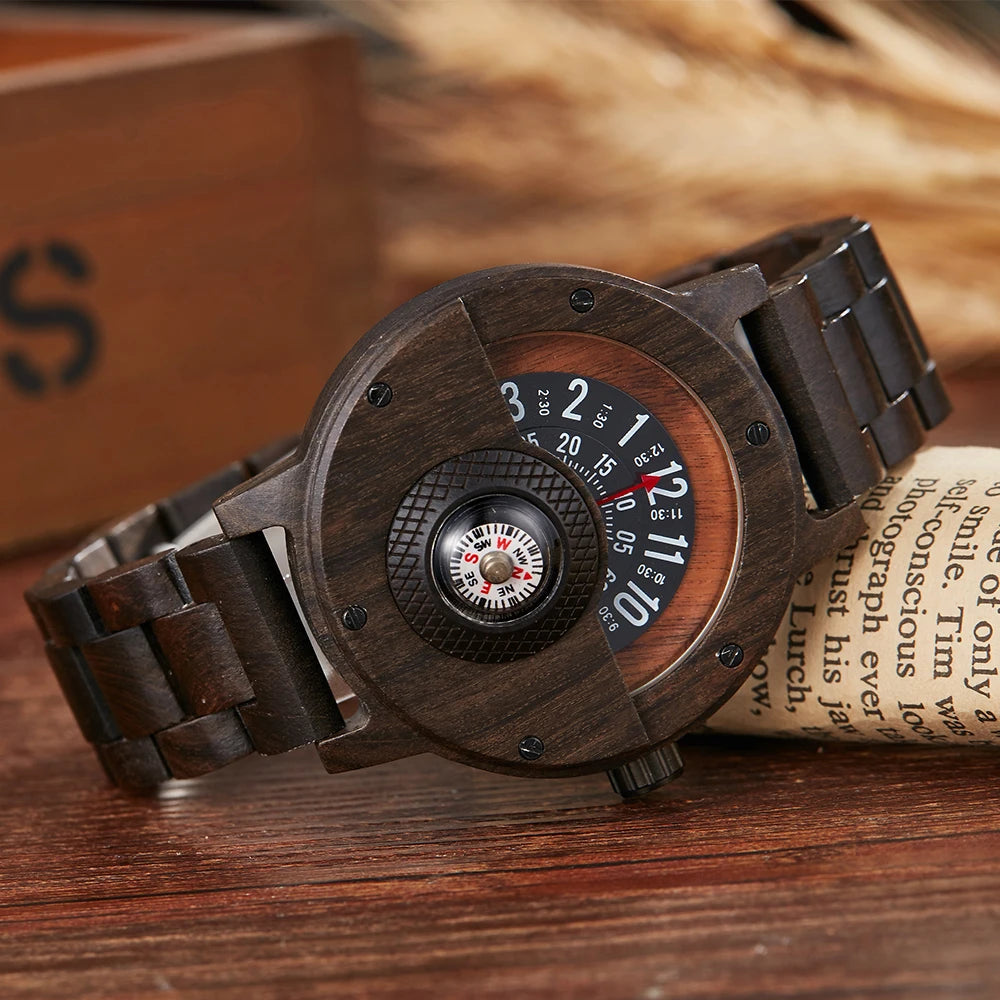 Turntable Compass Creative Wood Watch Men Dial Real Walnut Ebony Bamboo Wooden Watches Man Male Brown Black Clock Wrist Reloj