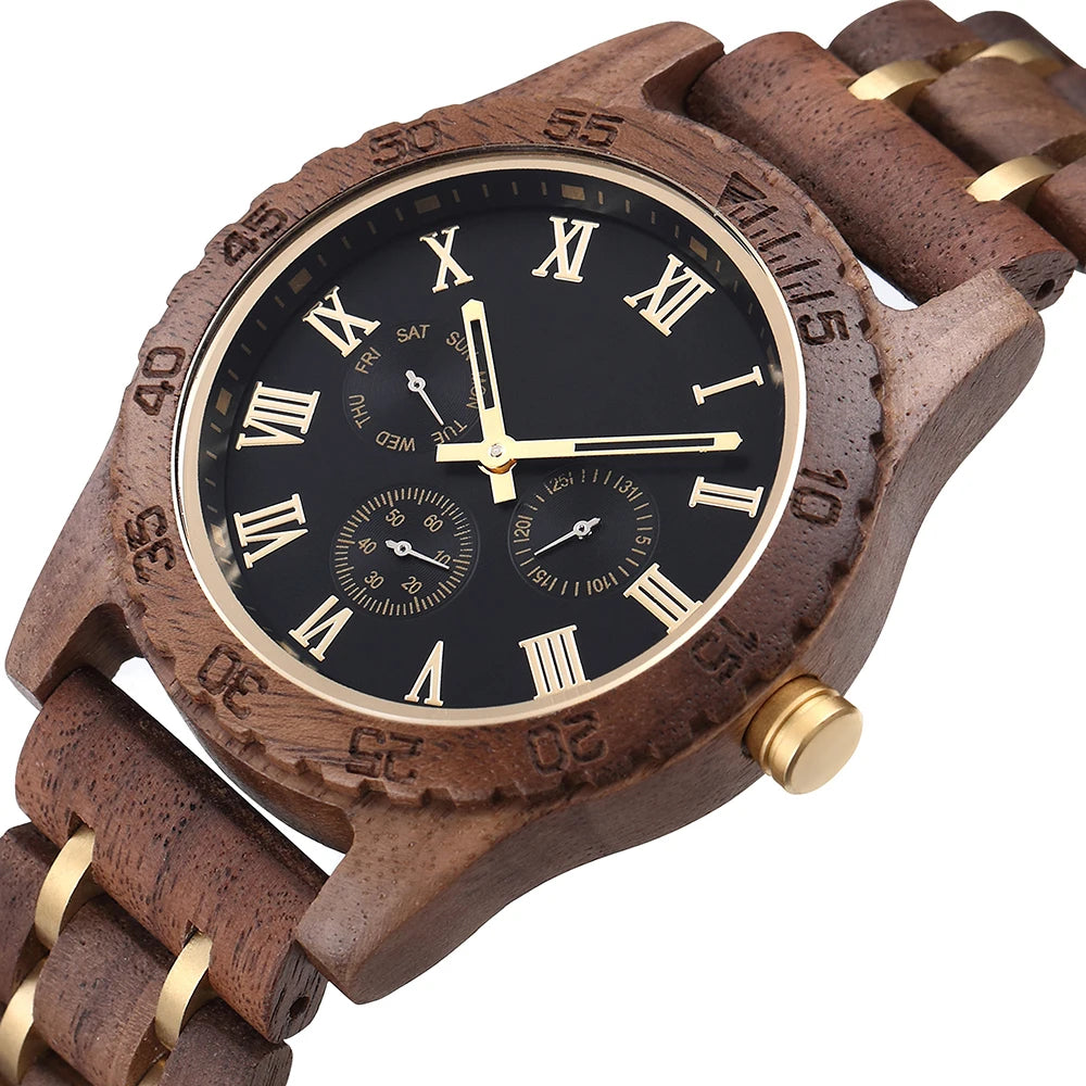 Men Wood Wacth Gree Fashion Retro Walnut Wooden Gold Multifunctional Men's Quartz Watch Date Week Display Luxury Business Clock