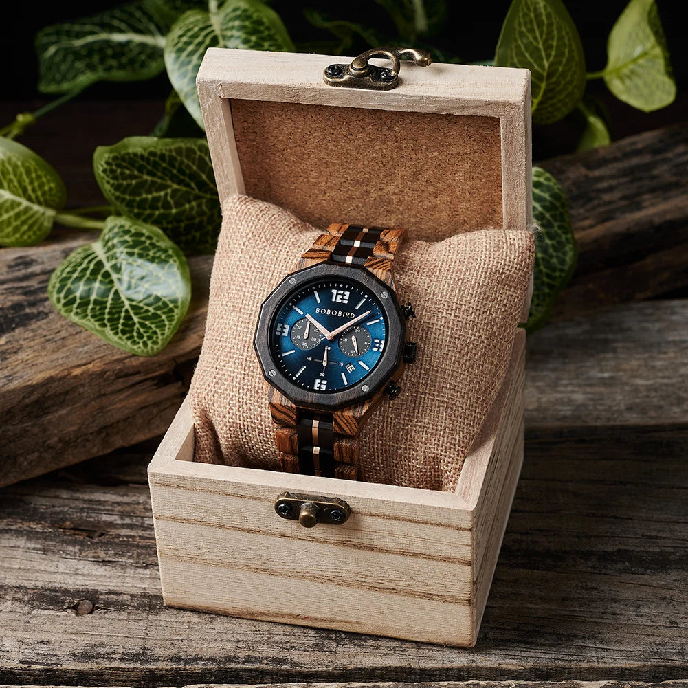BOBO BIRD Men's Wooden Watch Japanese Movement New Top Fashion Quartz Wristwatch Chronograph Military Timepieces Custom Gift Box