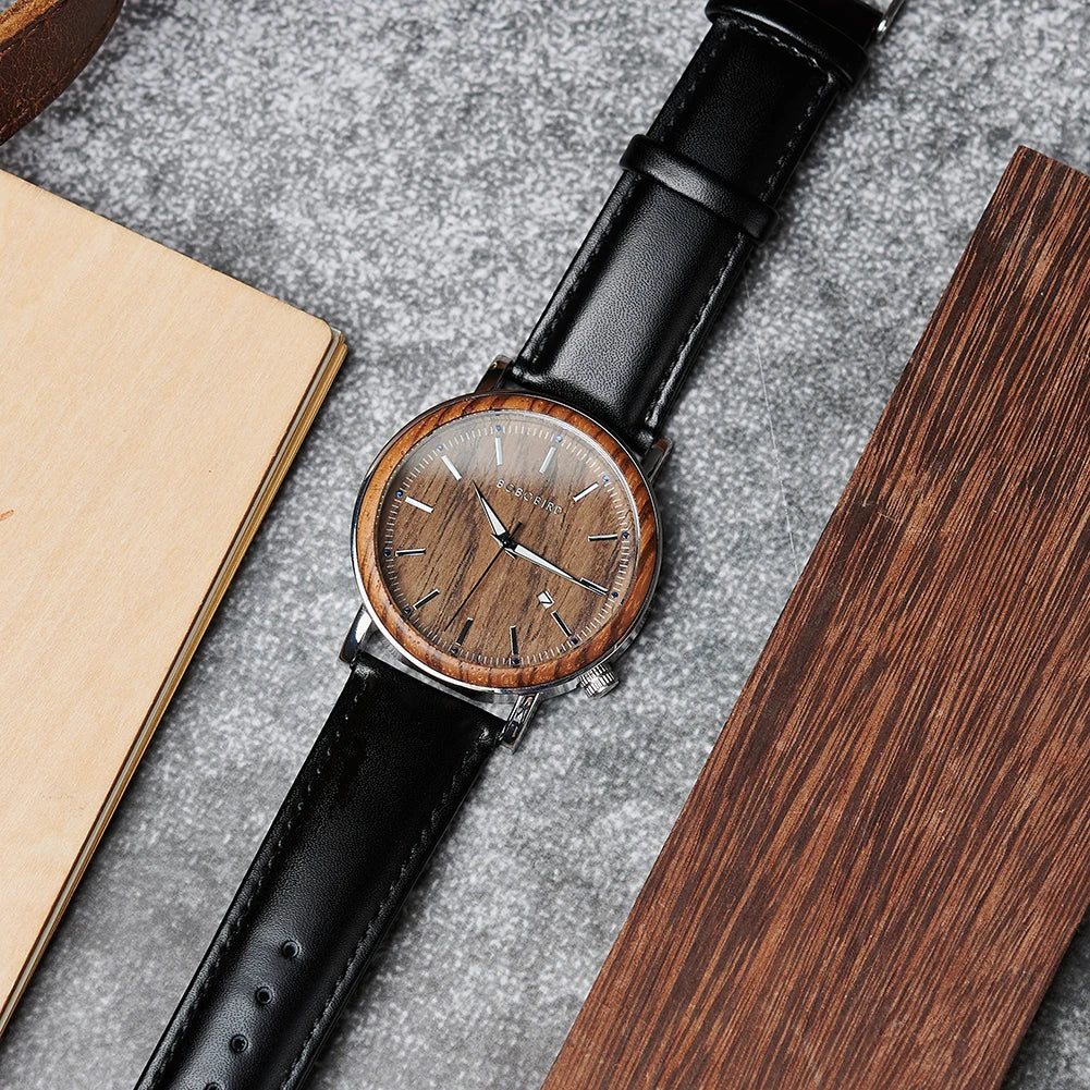 Customized  Men's Wooden Watch BOBO BIRD Zebrawood Leather Strap Quartz Wristwatch for Men Perfect Gift Idea