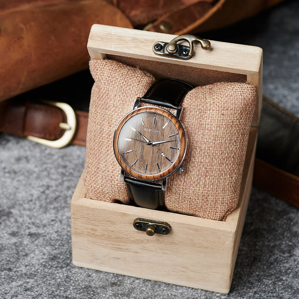 Customized  Men's Wooden Watch BOBO BIRD Zebrawood Leather Strap Quartz Wristwatch for Men Perfect Gift Idea