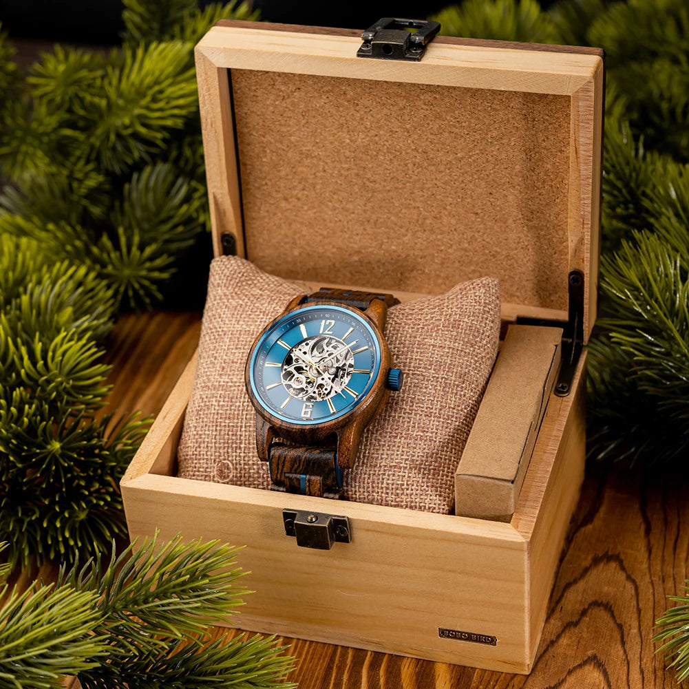 BOBO BIRD New Mechanical Watches for Men Real Wood Luxury Skeleton Automatic Watch Engraved Man Gift for Xmas relojes mecánicos