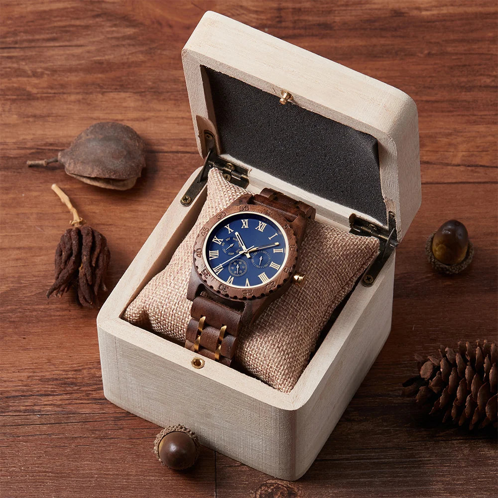 Men Wood Wacth Gree Fashion Retro Walnut Wooden Gold Multifunctional Men's Quartz Watch Date Week Display Luxury Business Clock