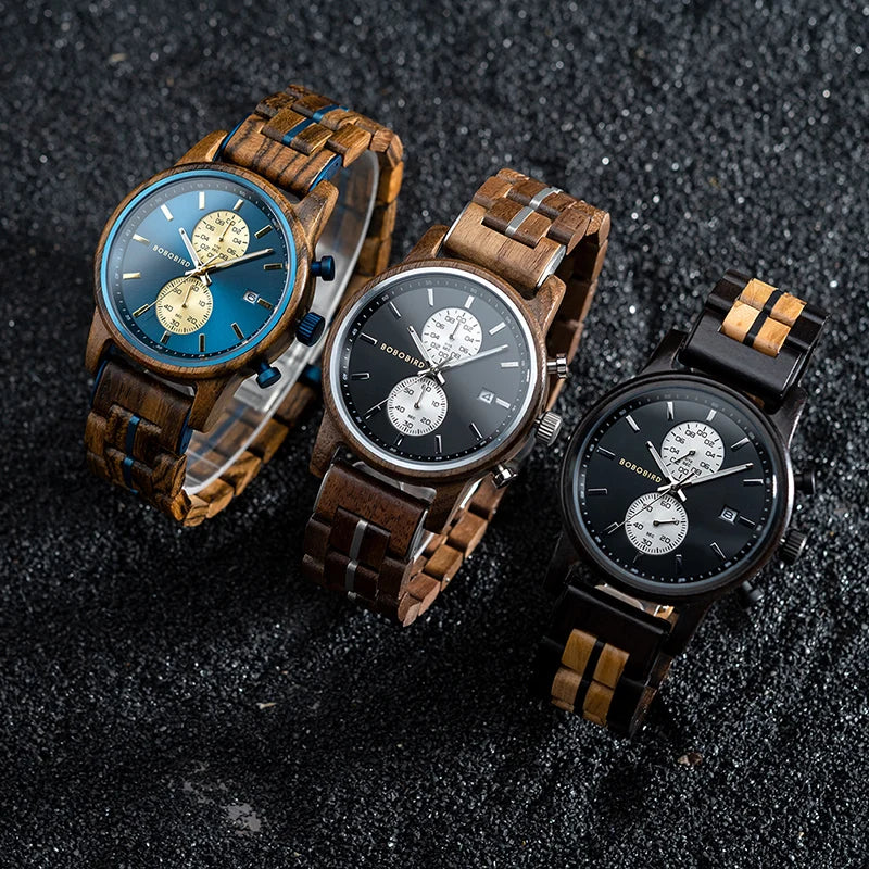 BOBO BIRD Wood Watch Men Business Quartz Watches Engraved Wooden Chronograph Wristwatch with Date Display Custom reloj madera