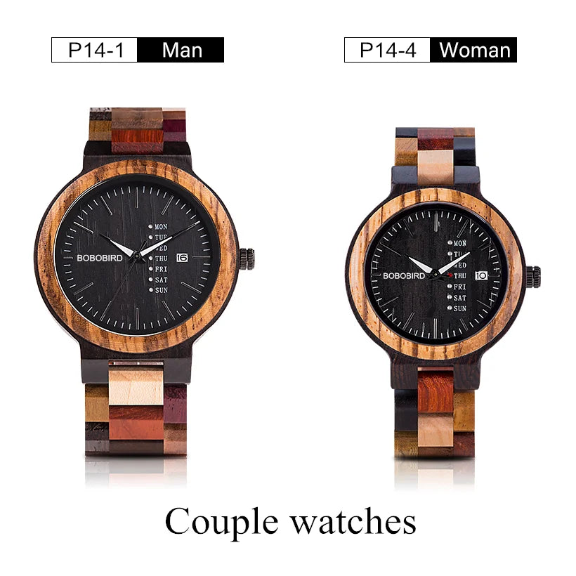 BOBOBIRD Valentine's Day Present Wood Watch Quartz Week Date Timepiece Wood Band Lover Couple Customized Logo Dropshipping