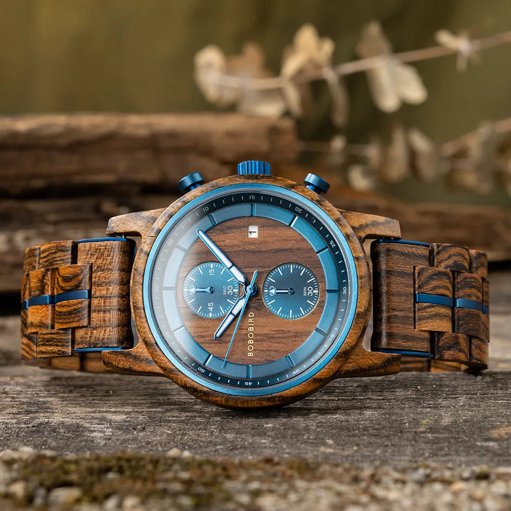 BOBO BIRD Wood Watch Men Business Japanese Quartz Movement Watches Engraved Chronograph Wristwatch with Date Display Custom Gift