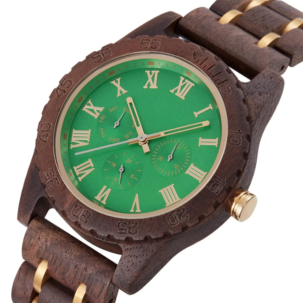 Men Wood Wacth Gree Fashion Retro Walnut Wooden Gold Multifunctional Men's Quartz Watch Date Week Display Luxury Business Clock