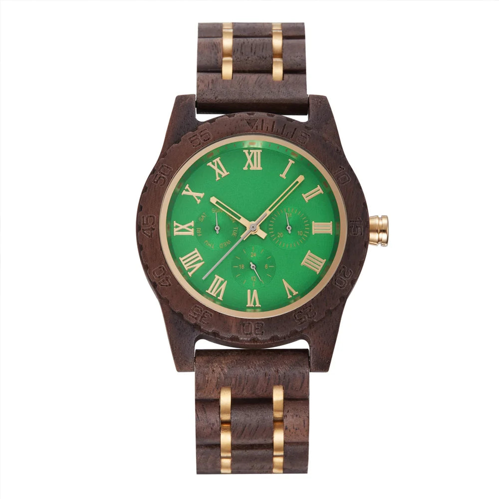 Men Wood Wacth Gree Fashion Retro Walnut Wooden Gold Multifunctional Men's Quartz Watch Date Week Display Luxury Business Clock