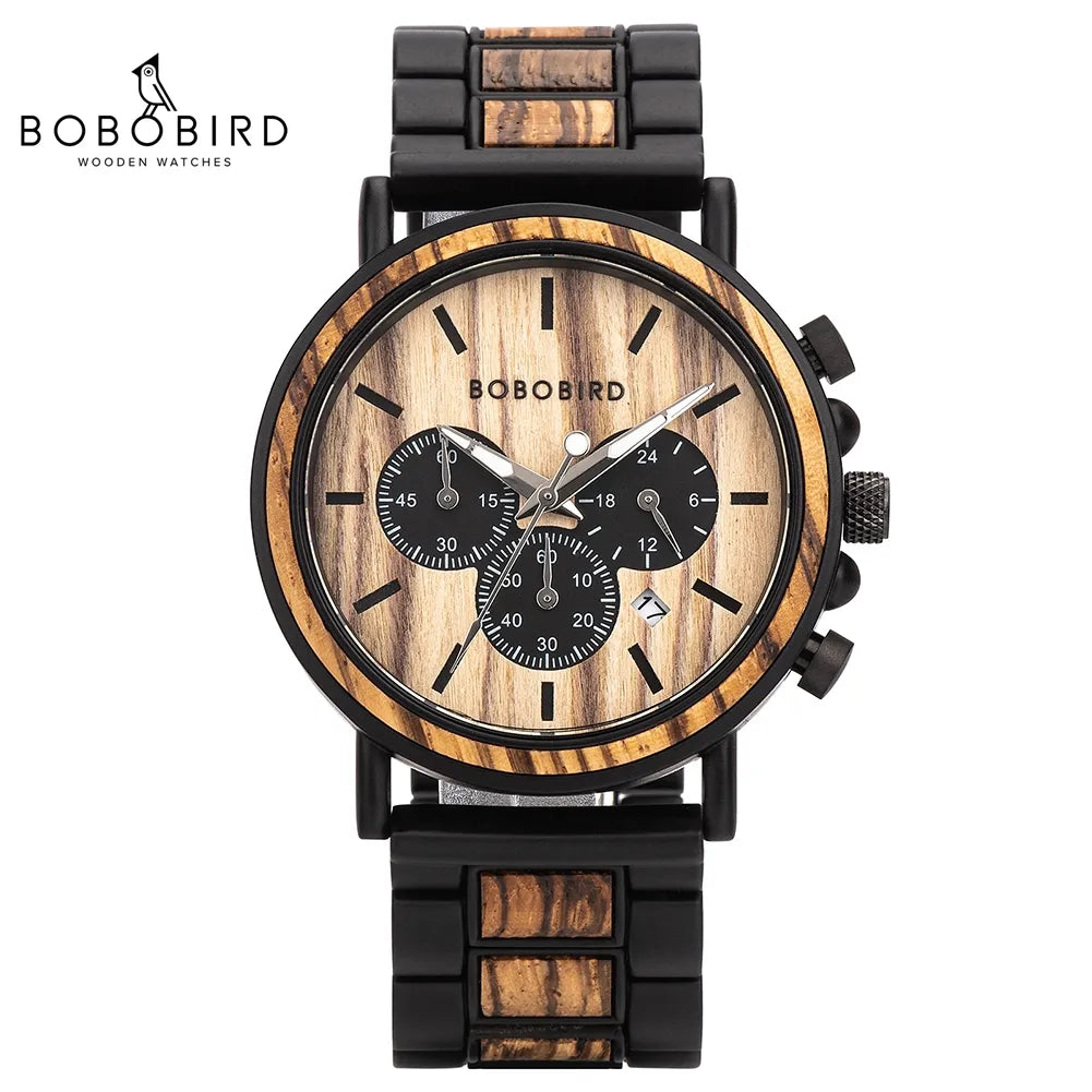 BOBO BIRD Wooden Watch Men erkek kol saati Luxury Stylish Wood Timepieces Chronograph Military Quartz Watches in Wood Gift Box