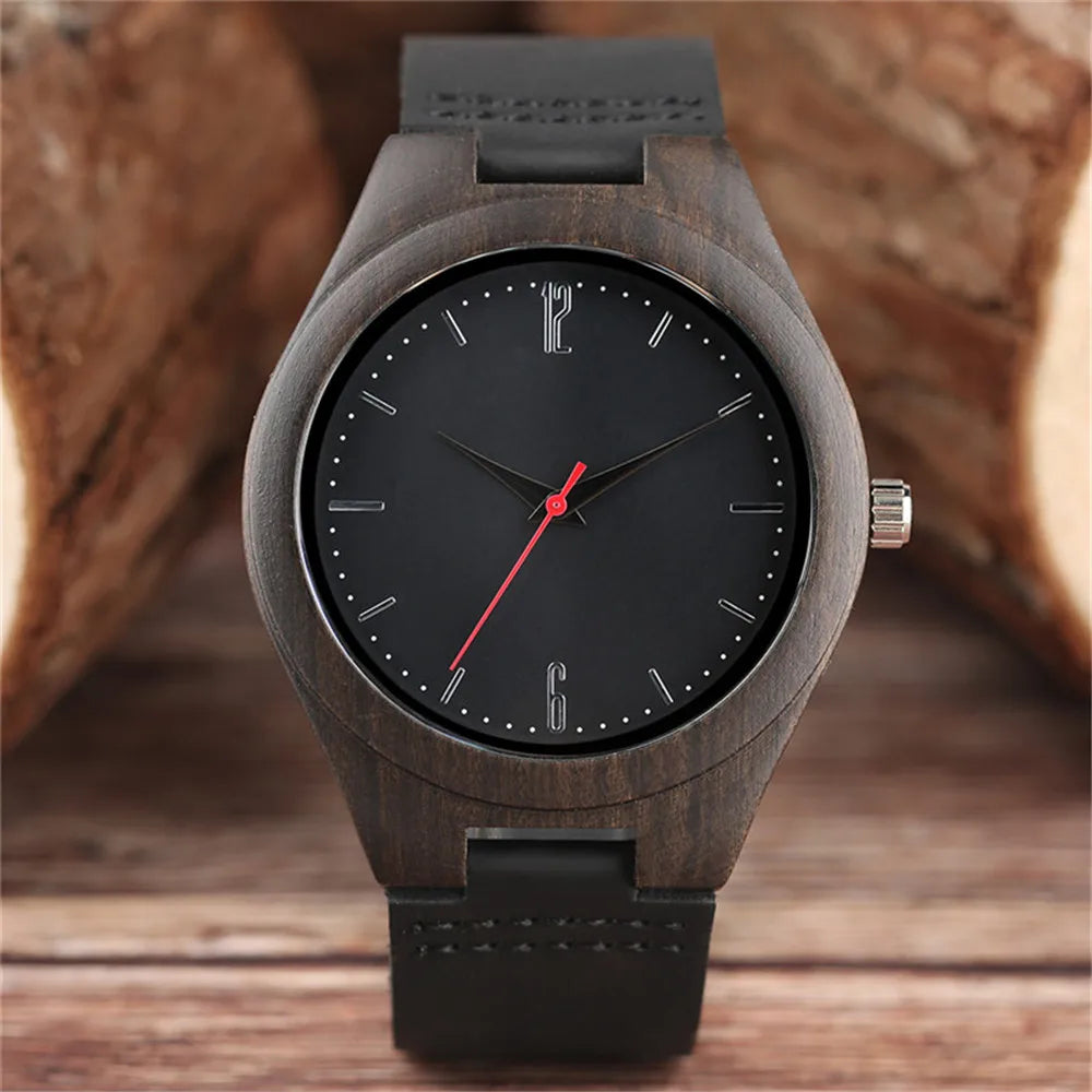 Couple Wood Watches Quartz Genuine Leather Wristwatch Red Seconds Display Ebony Wood Lover Timepiece Gifts with Box