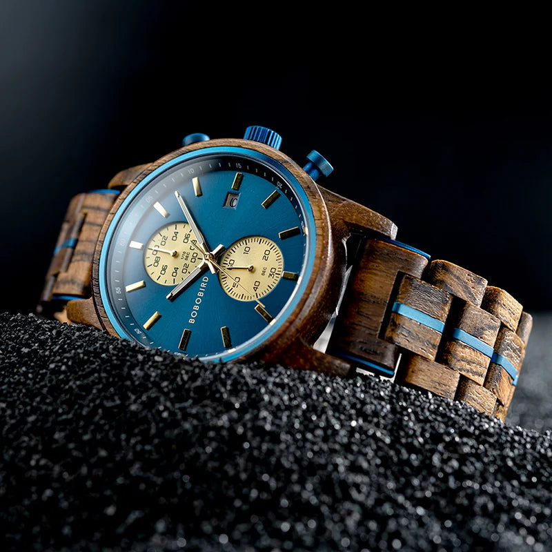 BOBO BIRD Wood Watch Men Business Quartz Watches Engraved Wooden Chronograph Wristwatch with Date Display Custom reloj madera