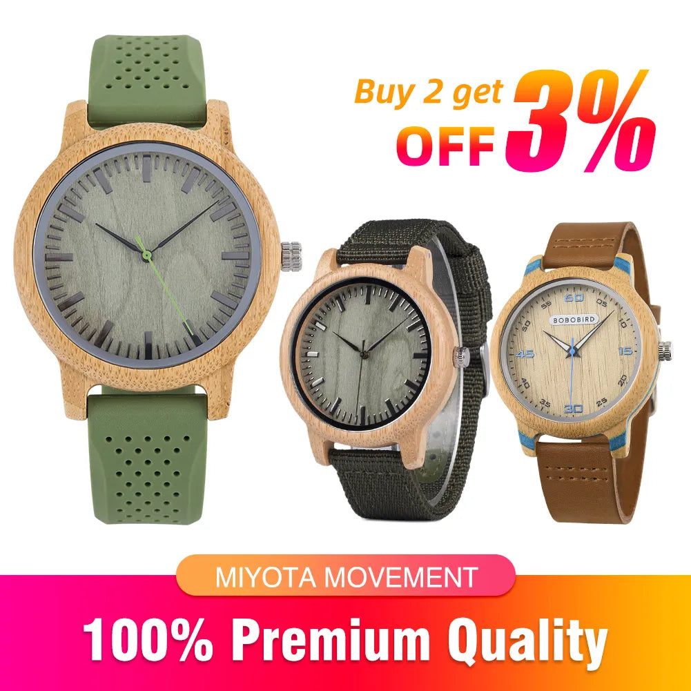BOBO BIRD Wood Watch for Men Women Japan Analog Quartz Wristwatches 44mm Unisex Causal Green Leather Watches relogio masculino